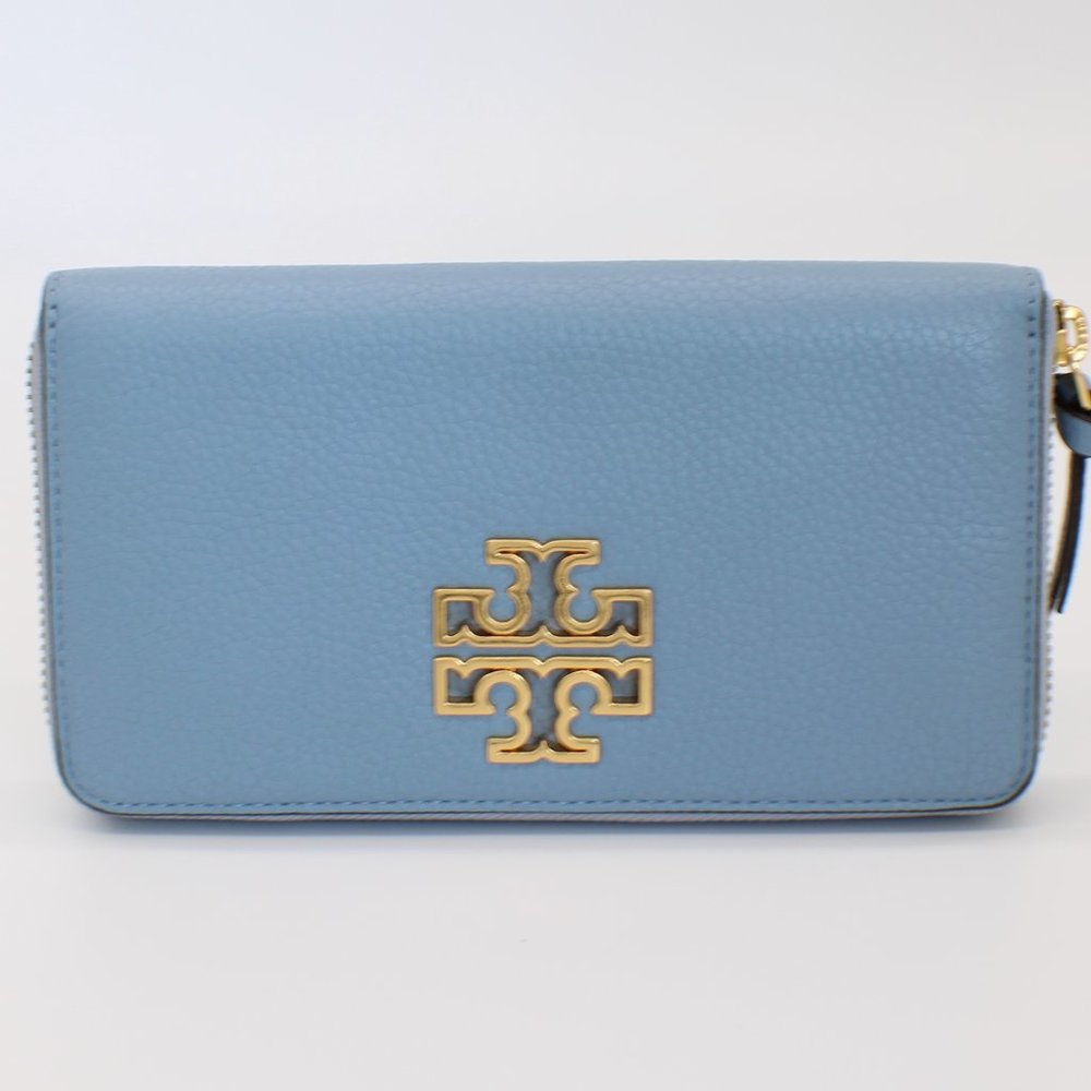 Tory Burch Sky Blue Pebbled Leather Zip Wallet with Gold Logo